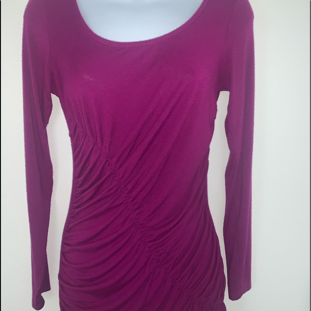 Caché long-sleeve, ruched top. Gorgeous plum color. Size S.